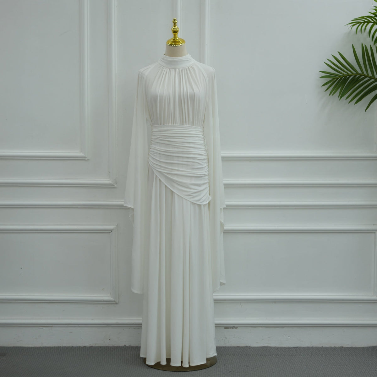 High-Neck Ruched Waist Modest Maxi Dress(MS538) - Mariam's Collection