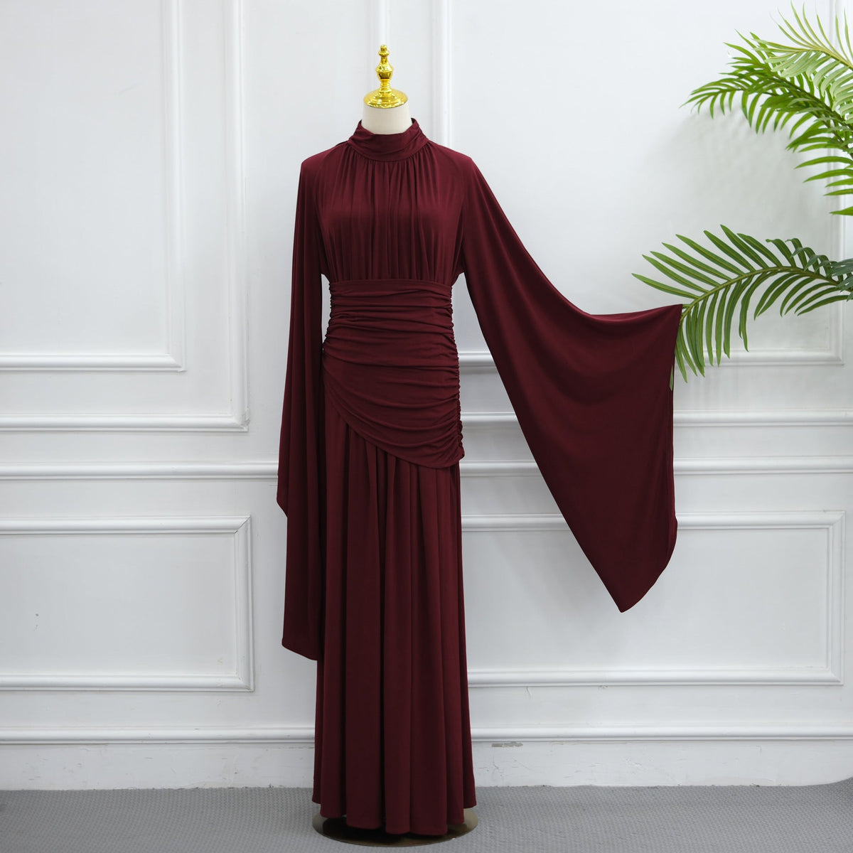 High-Neck Ruched Waist Modest Maxi Dress(MS538) - Mariam's Collection