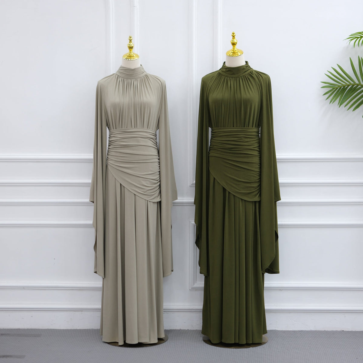 High-Neck Ruched Waist Modest Maxi Dress(MS538) - Mariam's Collection