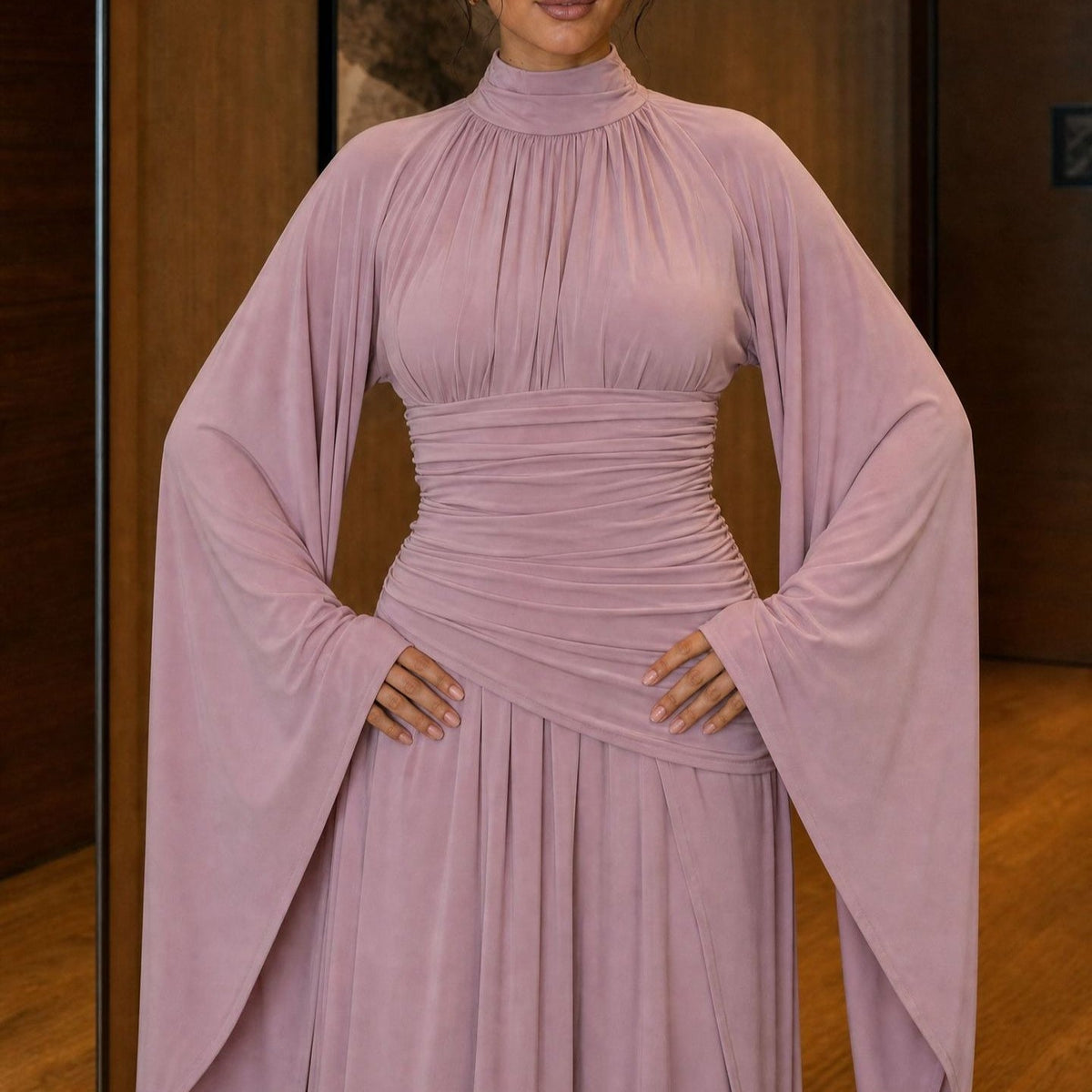 High-Neck Ruched Waist Modest Maxi Dress(MS538) - Mariam's Collection
