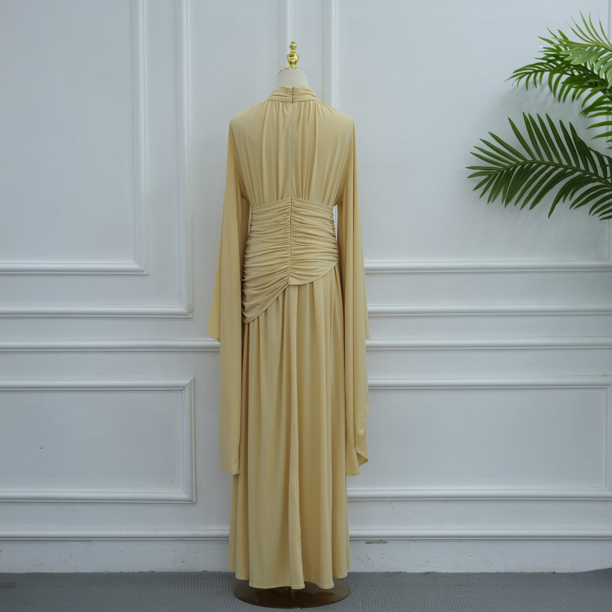 High-Neck Ruched Waist Modest Maxi Dress(MS538) - Mariam's Collection