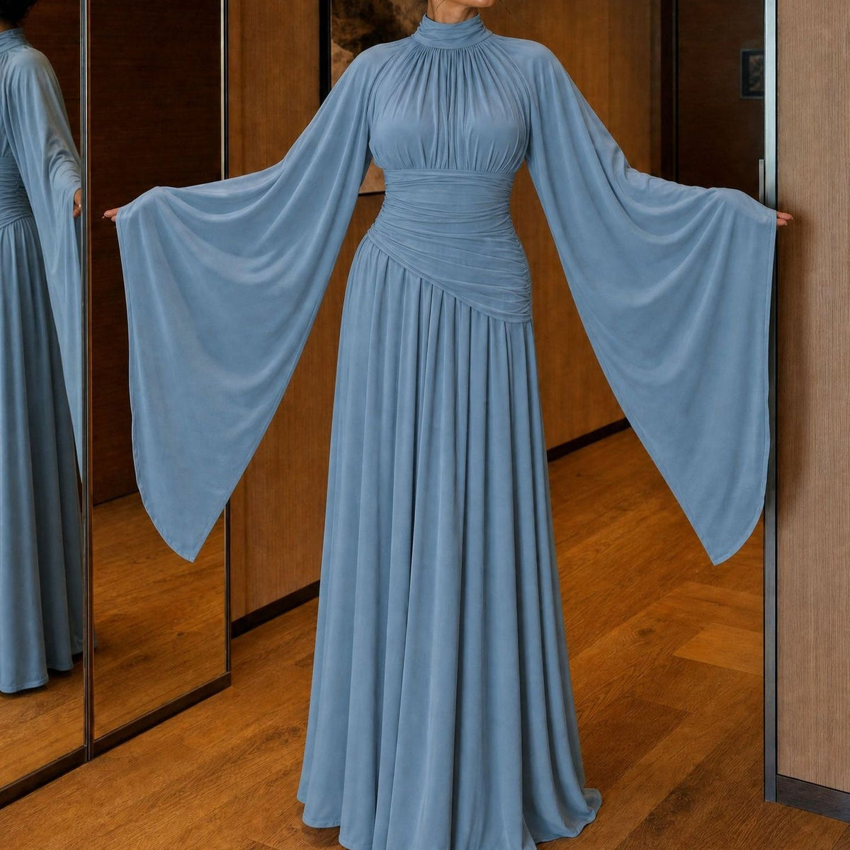 High-Neck Ruched Waist Modest Maxi Dress(MS538) - Mariam's Collection