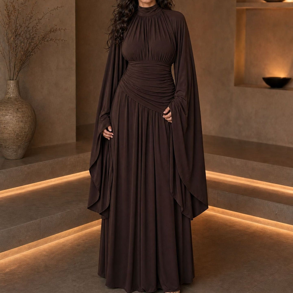 High-Neck Ruched Waist Modest Maxi Dress(MS538) - Mariam's Collection