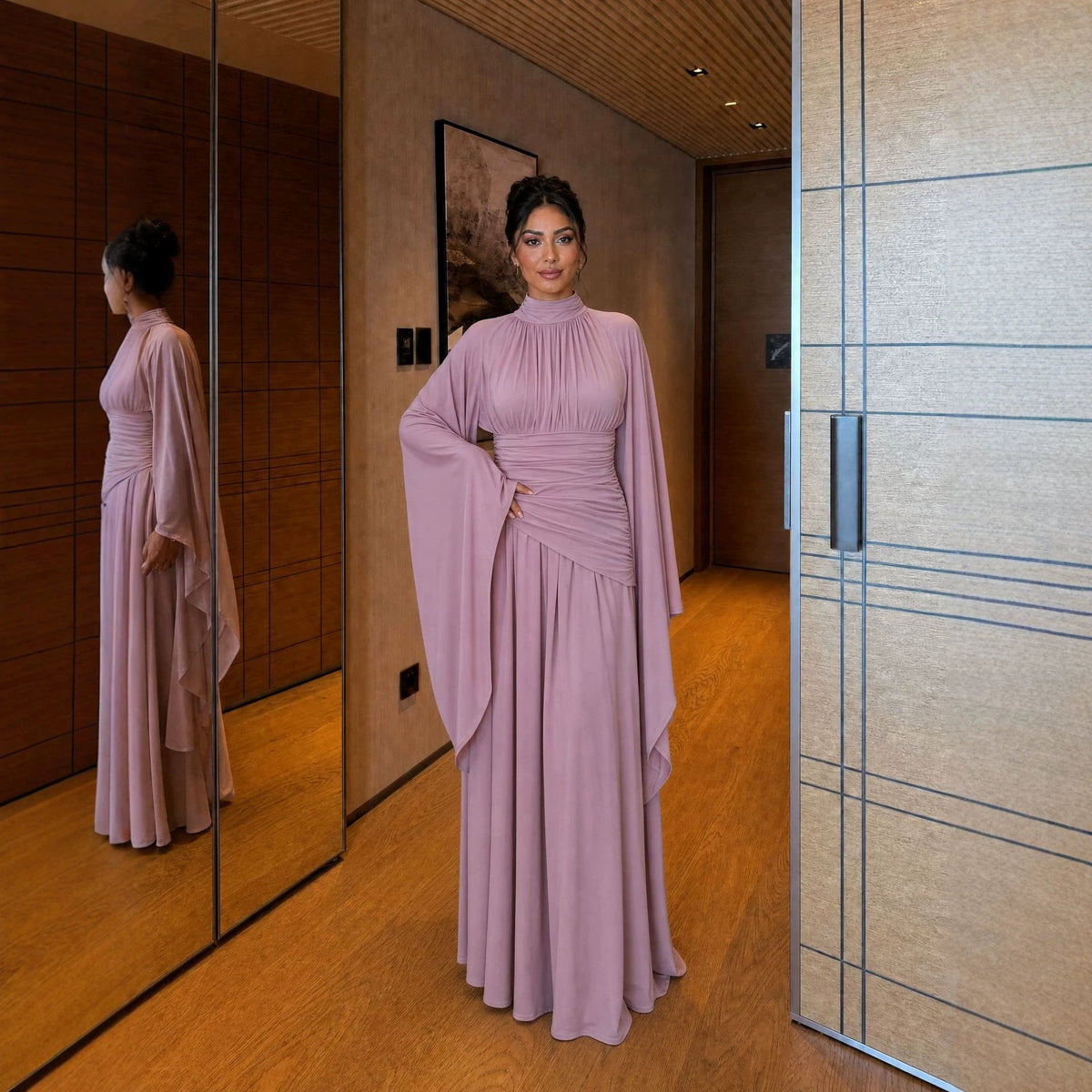 High-Neck Ruched Waist Modest Maxi Dress(MS538) - Mariam's Collection