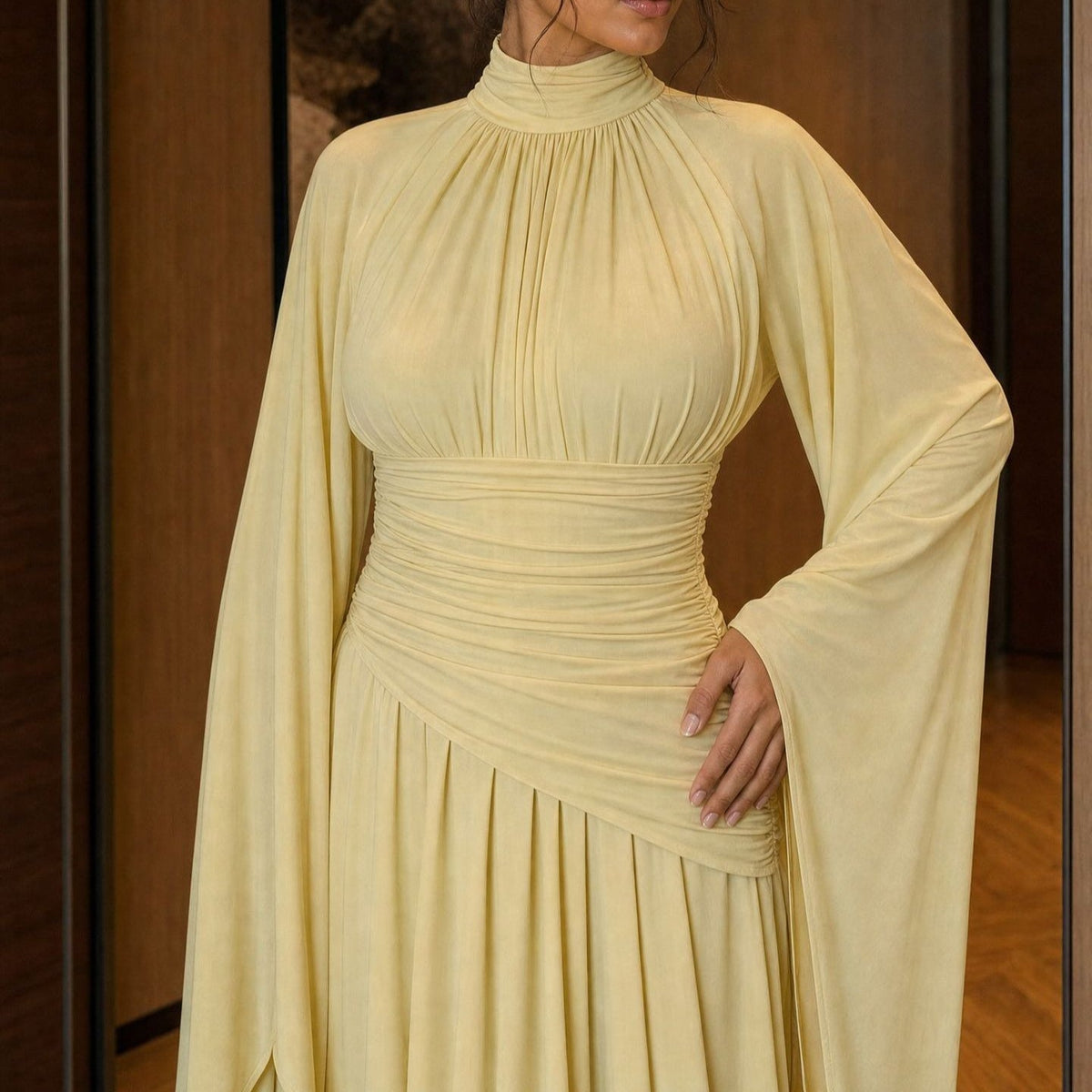High-Neck Ruched Waist Modest Maxi Dress(MS538) - Mariam's Collection