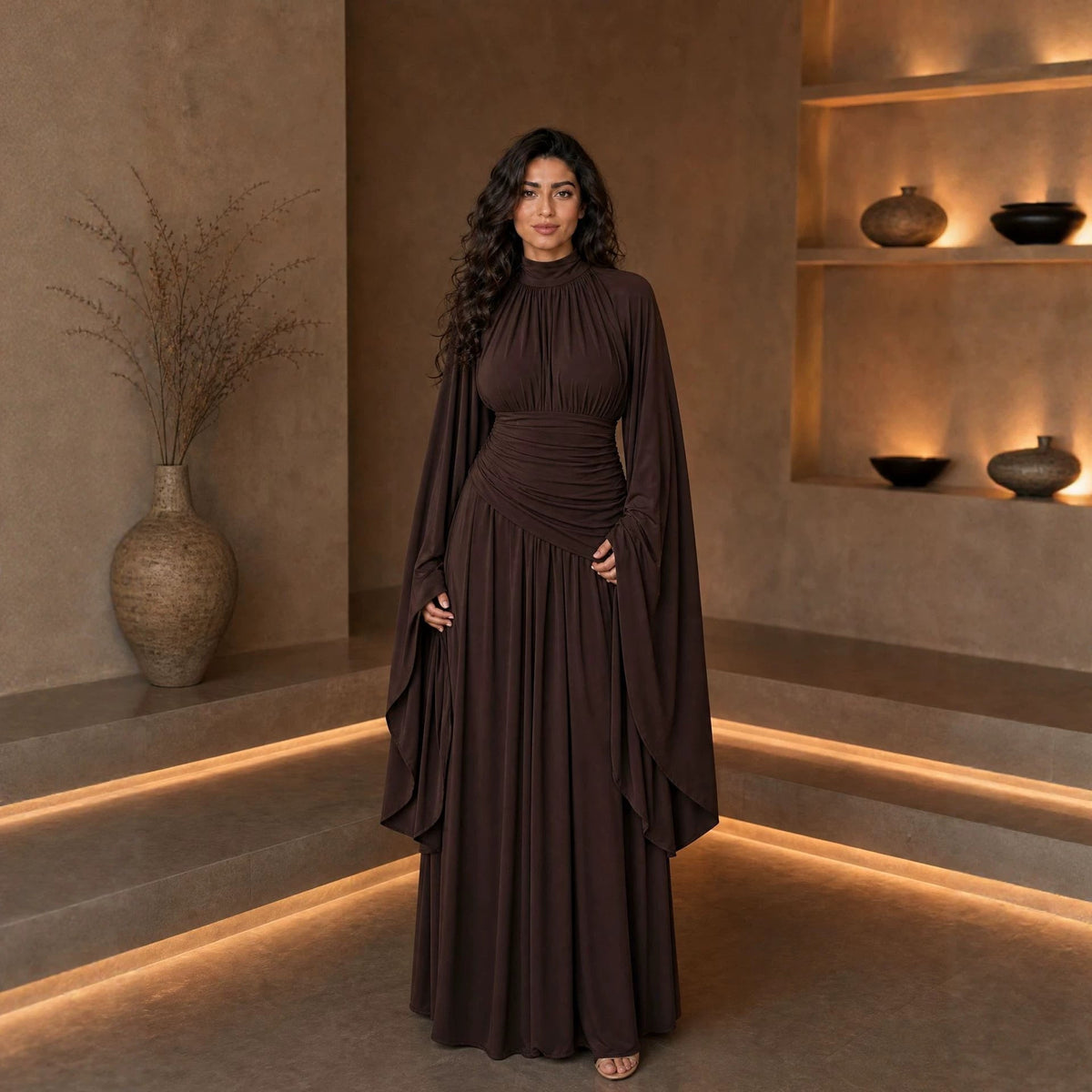 High-Neck Ruched Waist Modest Maxi Dress(MS538) - Mariam's Collection