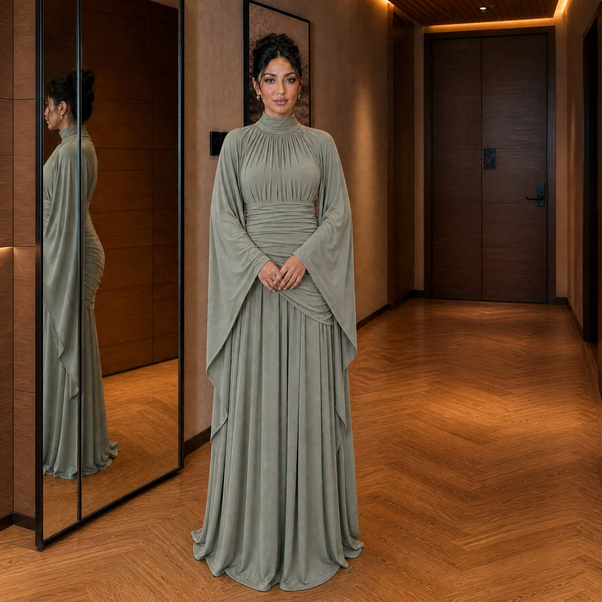 High-Neck Ruched Waist Modest Maxi Dress(MS538) - Mariam's Collection