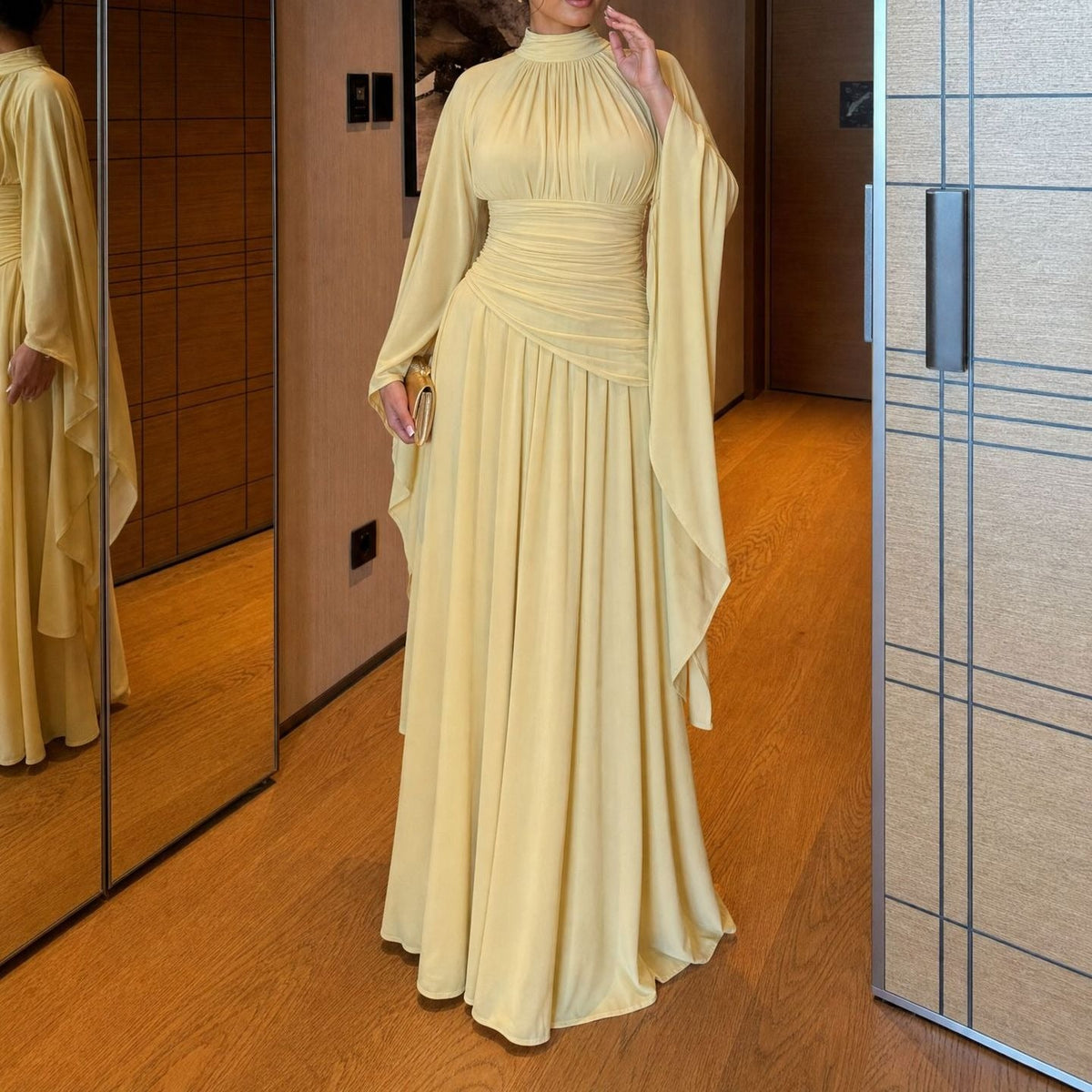 High-Neck Ruched Waist Modest Maxi Dress(MS538) - Mariam's Collection