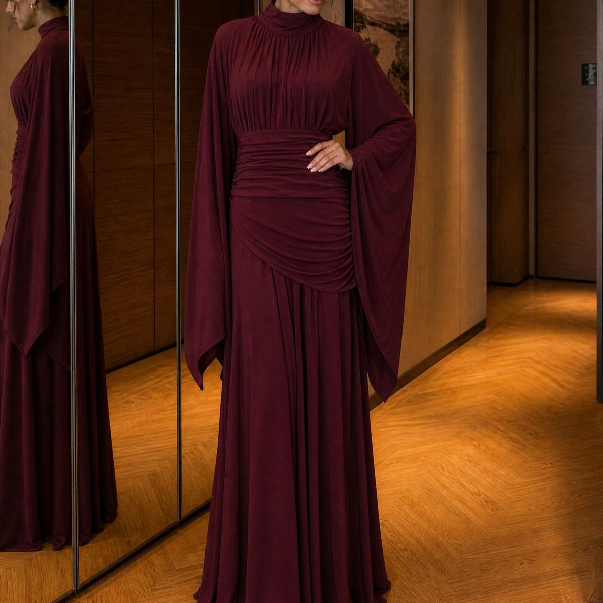 High-Neck Ruched Waist Modest Maxi Dress(MS538) - Mariam's Collection