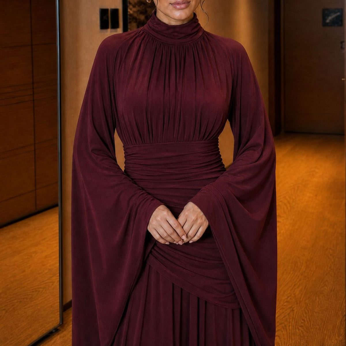 High-Neck Ruched Waist Modest Maxi Dress(MS538) - Mariam's Collection