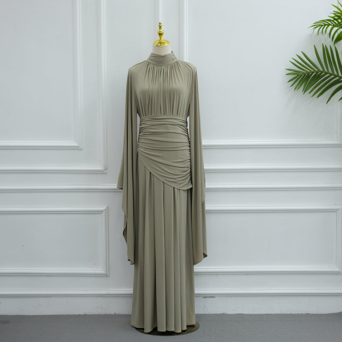 High-Neck Ruched Waist Modest Maxi Dress(MS538) - Mariam's Collection