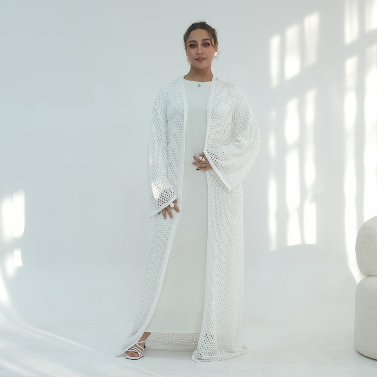 Hollow-Out Knit Open Abaya Cardigan with Waist Belt(MOA315) - Mariam's Collection