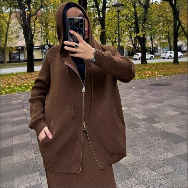 Hooded Knit Cardigan & Straight Maxi Skirt Set(MS544) - Mariam's Collection