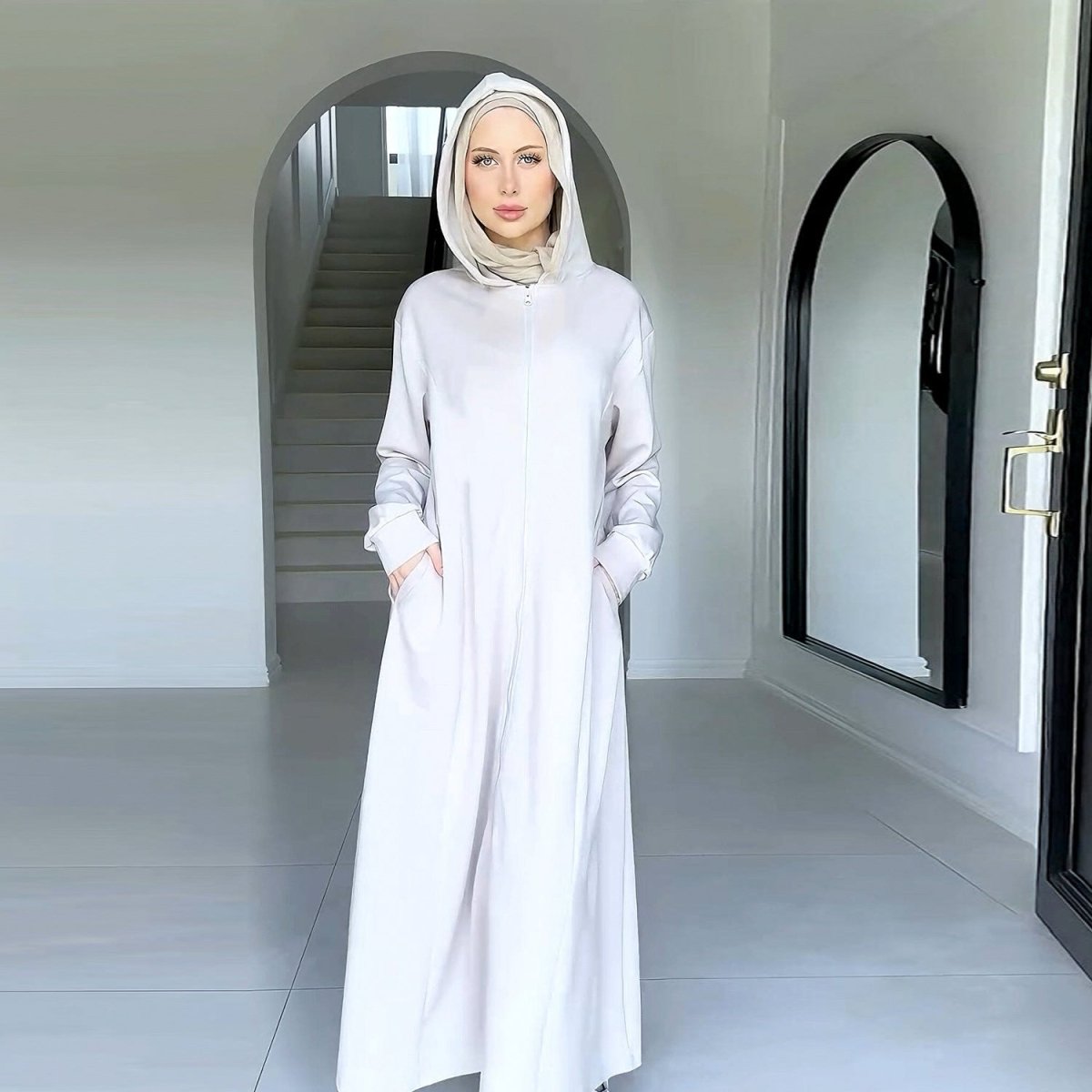 Hooded Zip - Front Abaya with Pockets(MA389) - Mariam's Collection
