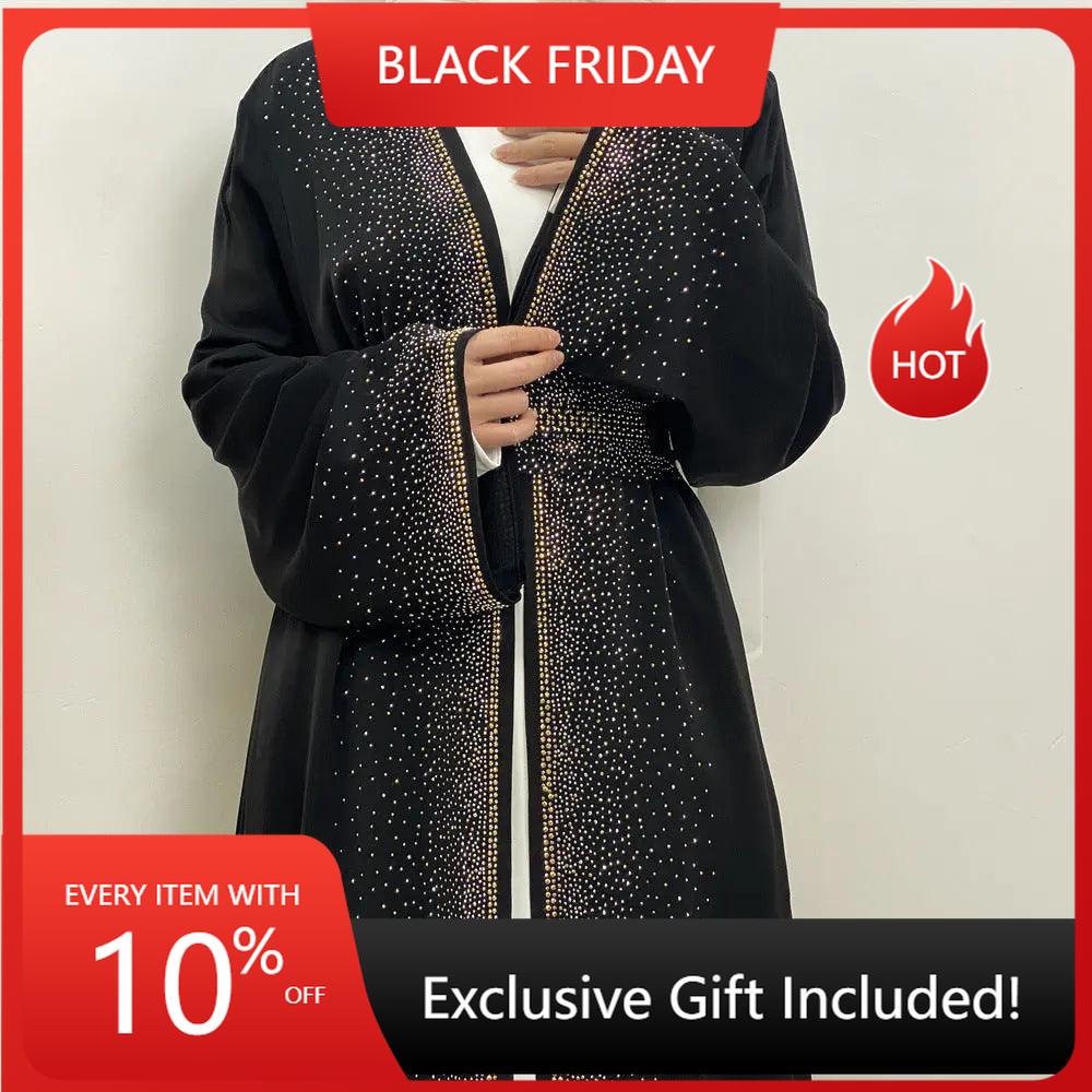 Hot Rhinestones Side - Pockets Open Abaya (MOA046) - Mariam's Collection