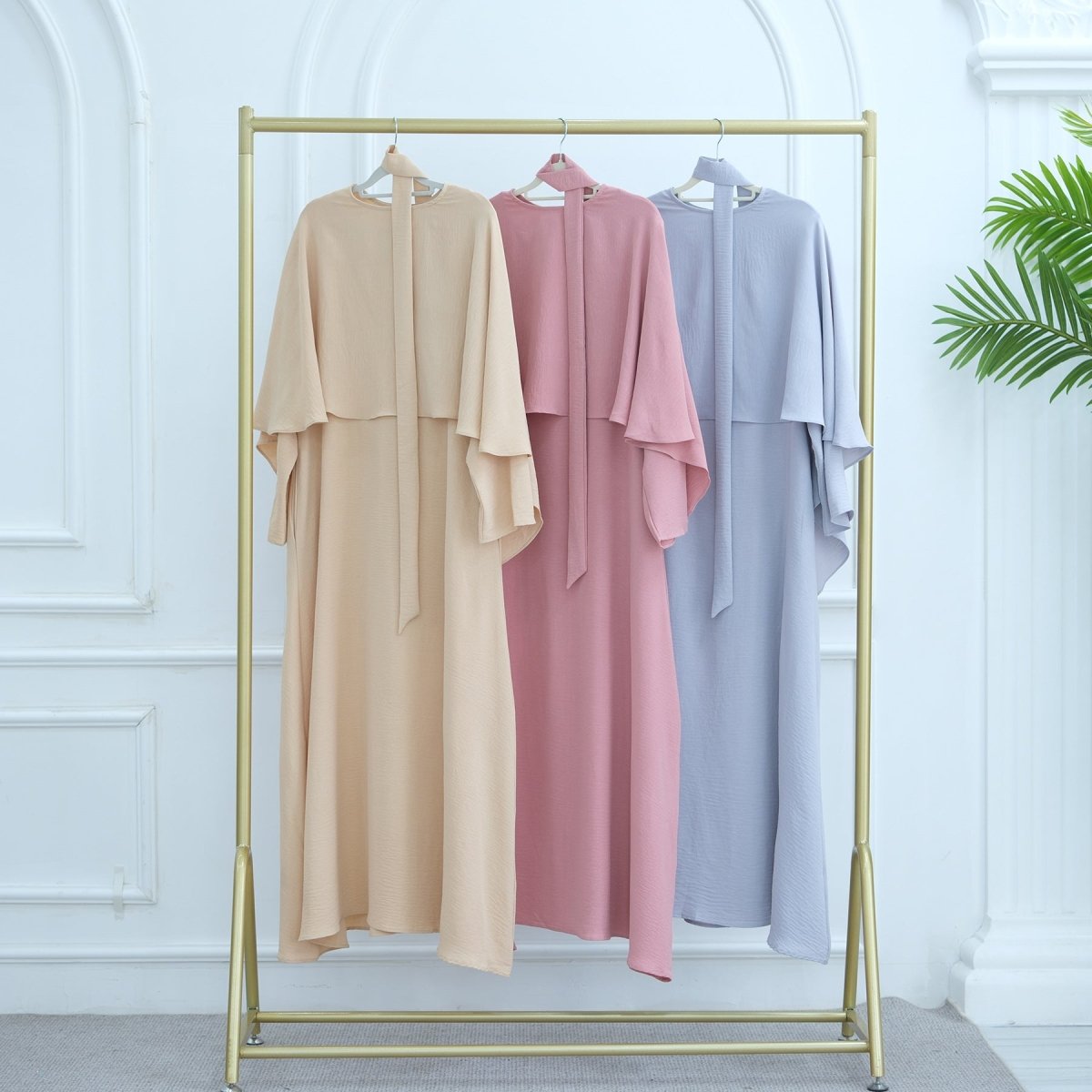 Ice Silk Crinkle Cape Set | 3 - Piece Solid Color Abaya with Inner Dress & Belt(MA304) - Mariam's Collection