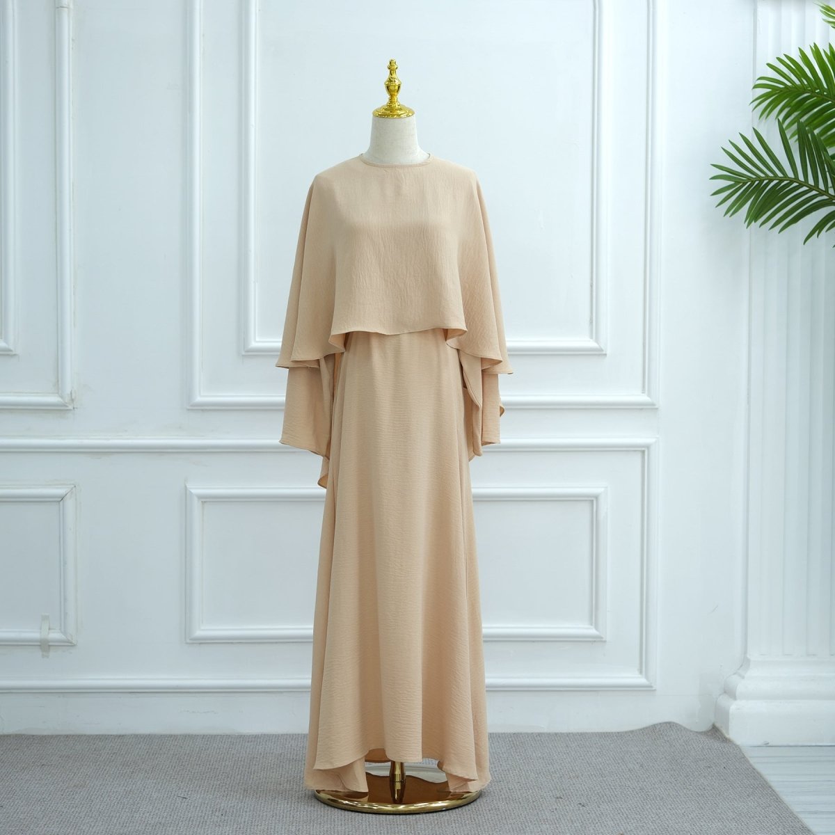 Ice Silk Crinkle Cape Set | 3 - Piece Solid Color Abaya with Inner Dress & Belt(MA304) - Mariam's Collection