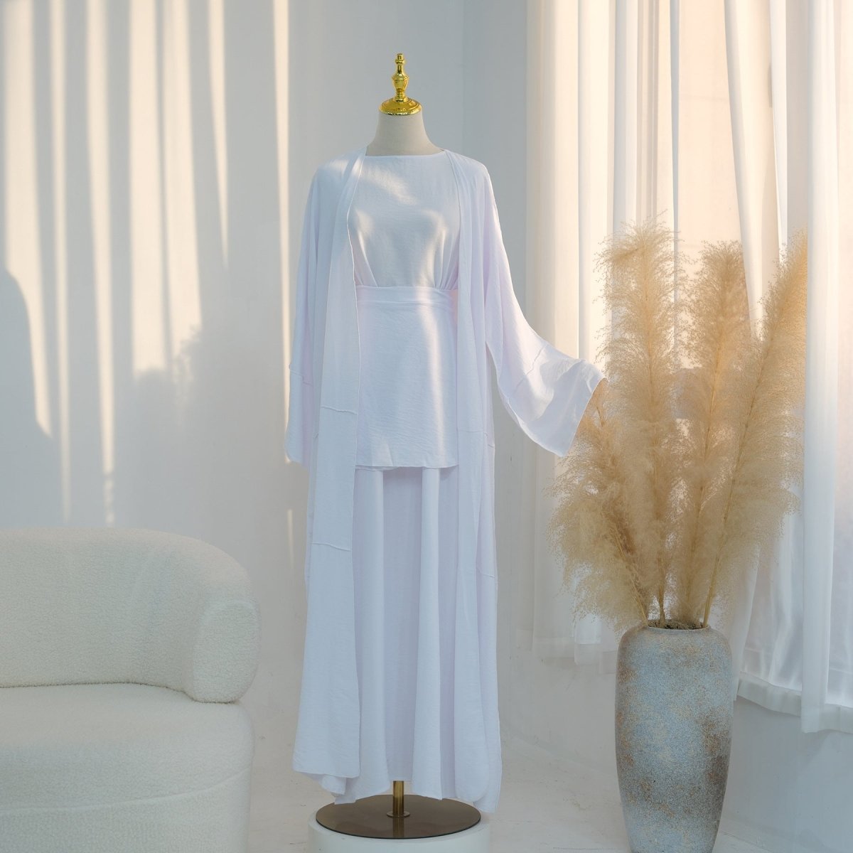 Ice Silk Crinkle Open Abaya with Wide Belt(MOA283) - Mariam's Collection