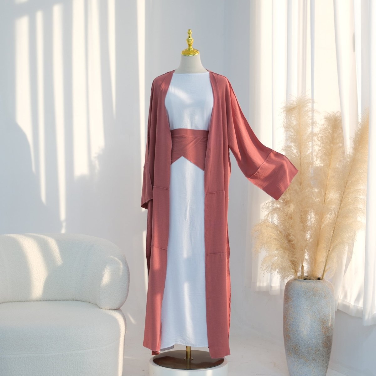 Ice Silk Crinkle Open Abaya with Wide Belt(MOA283) - Mariam's Collection