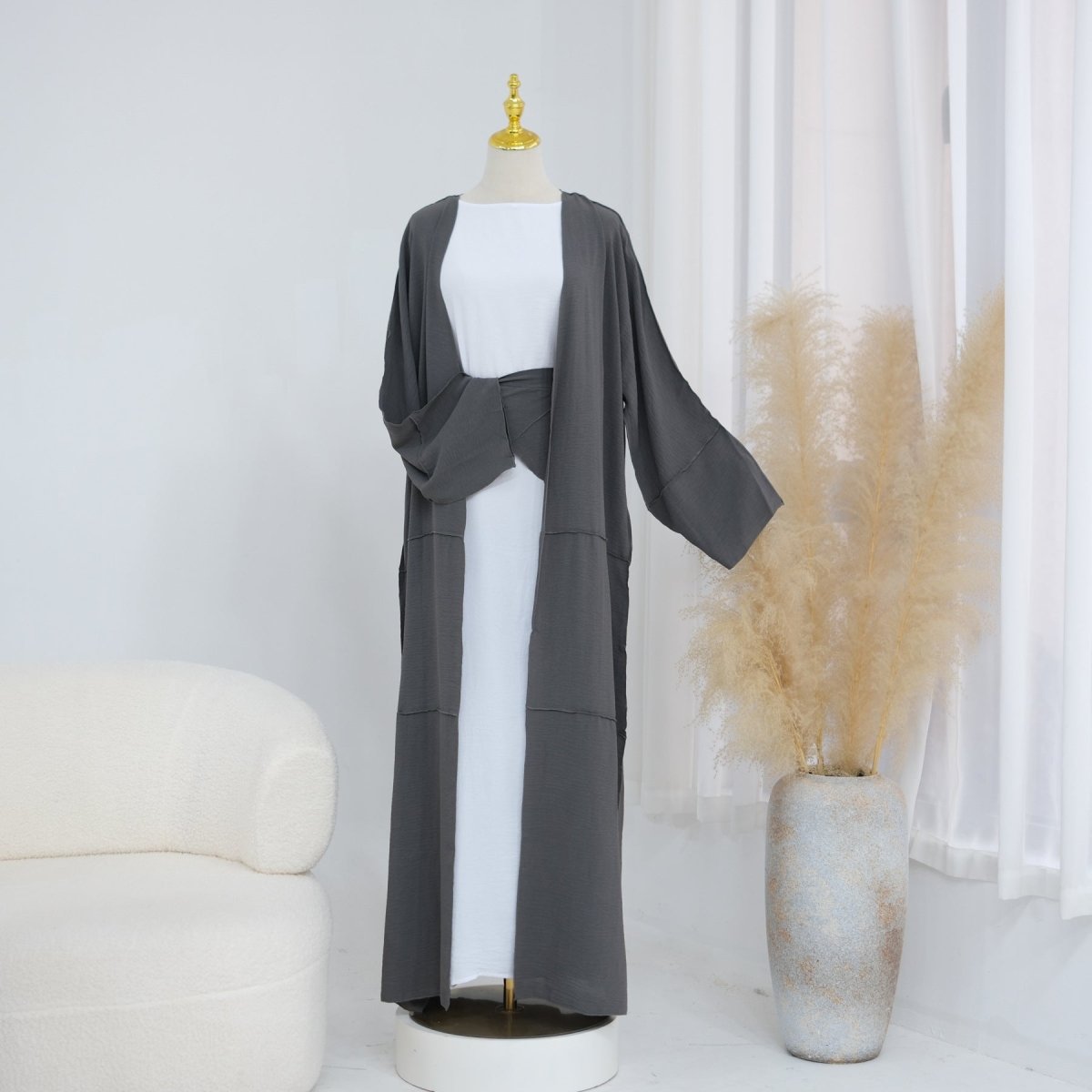 Ice Silk Crinkle Open Abaya with Wide Belt(MOA283) - Mariam's Collection