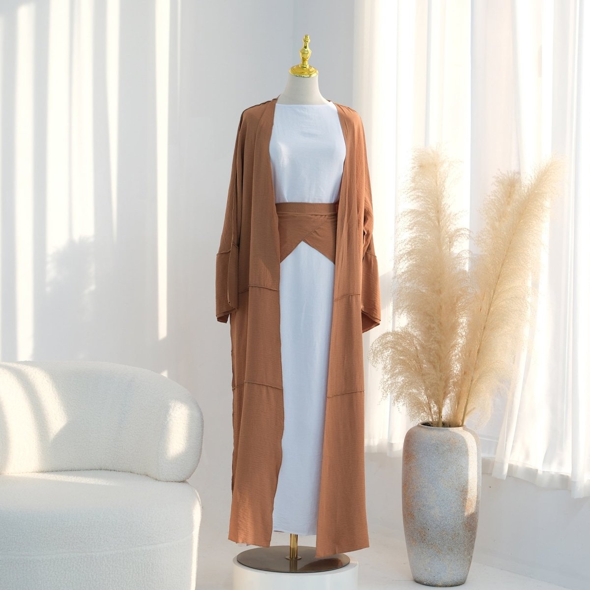 Ice Silk Crinkle Open Abaya with Wide Belt(MOA283) - Mariam's Collection