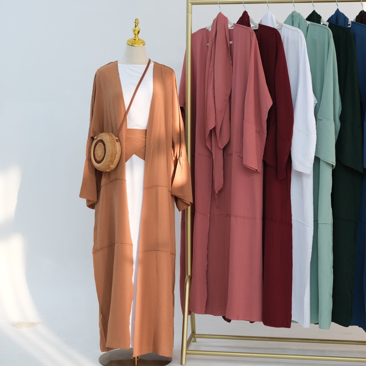 Ice Silk Crinkle Open Abaya with Wide Belt(MOA283) - Mariam's Collection