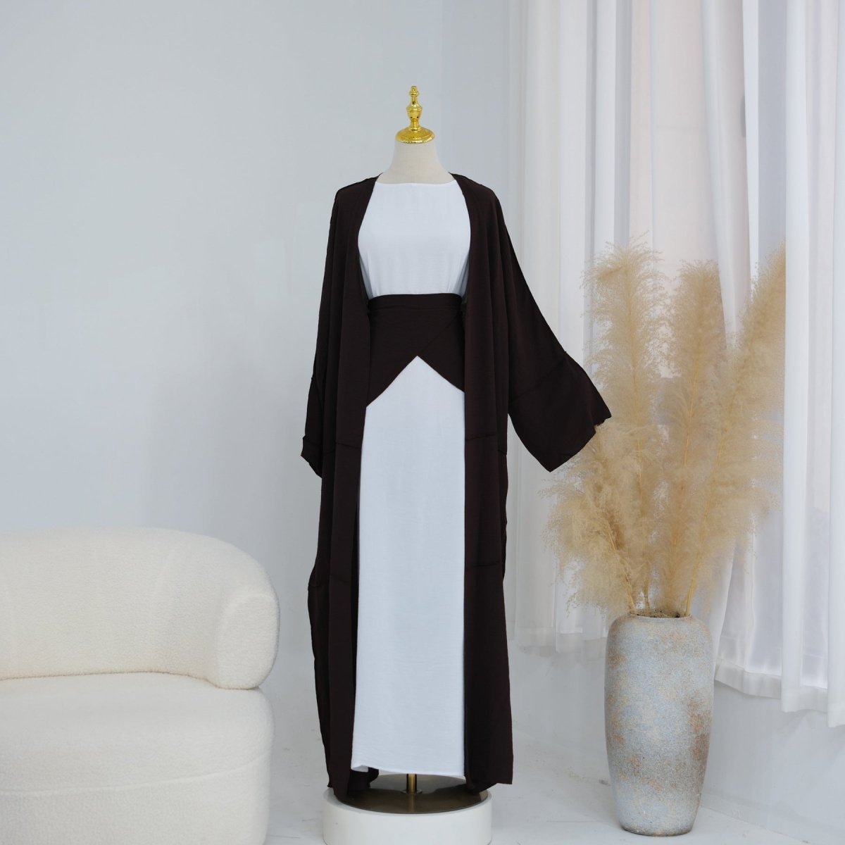 Ice Silk Crinkle Open Abaya with Wide Belt(MOA283) - Mariam's Collection