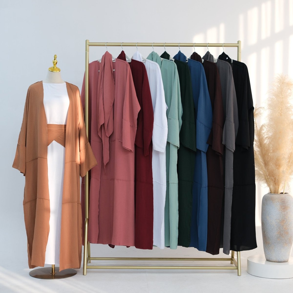 Ice Silk Crinkle Open Abaya with Wide Belt(MOA283) - Mariam's Collection