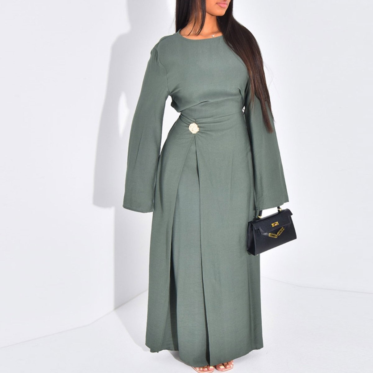 Ice Silk Crinkle Round Neck A-Line Work Dress with Decorative Button & Built-in Belt(MA308) Smoky gray / M Ice Silk Crinkle Round Neck A-Line Work Dress with Decorative Button & Built-in Belt(MA308) Smoky gray / M