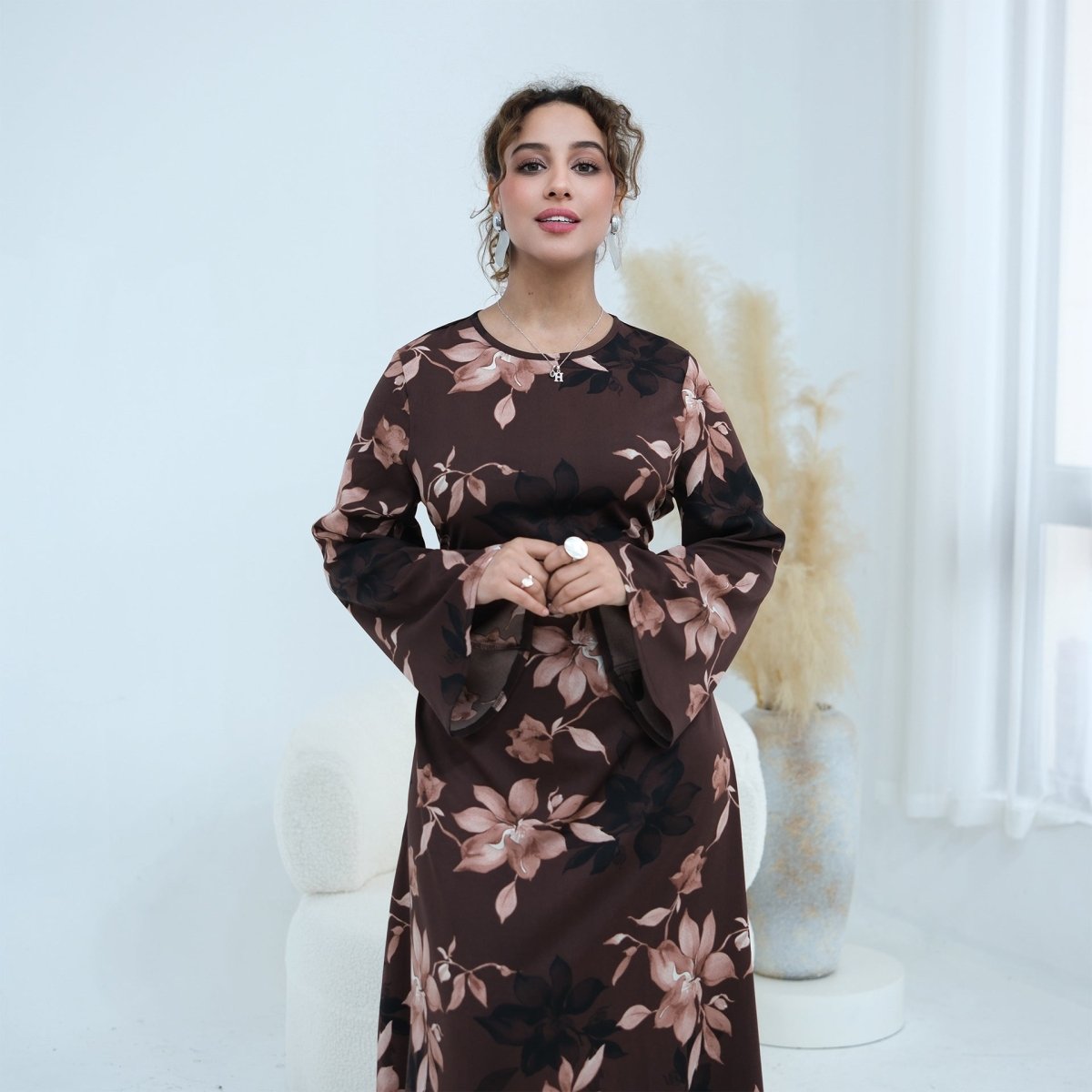 flared sleeve satin dress Flared-sleeve satin dress