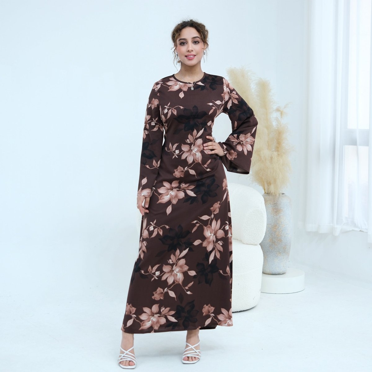 Ink Floral Satin Maxi Dress(MA434) - Mariam's Collection