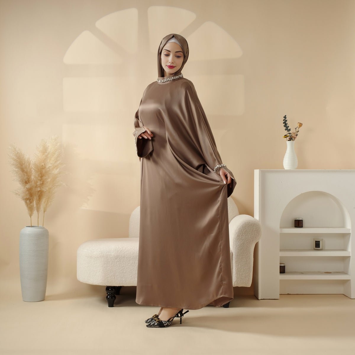 Kaftan Batwing Sleeve Luxury Satin Diamond Abaya 2 - Piece Set (MA121) - Mariam's Collection