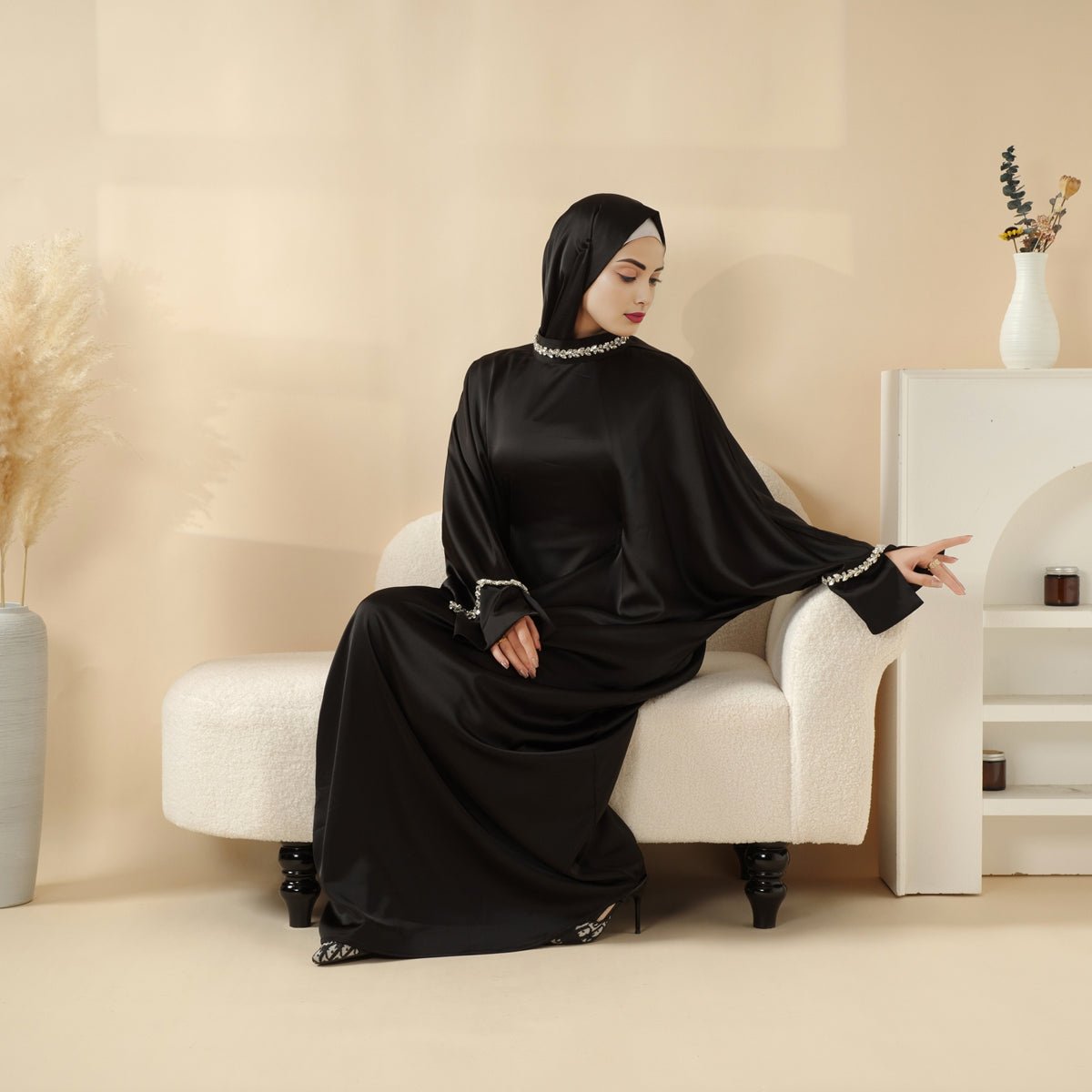 Kaftan Batwing Sleeve Luxury Satin Diamond Abaya 2 - Piece Set (MA121) - Mariam's Collection