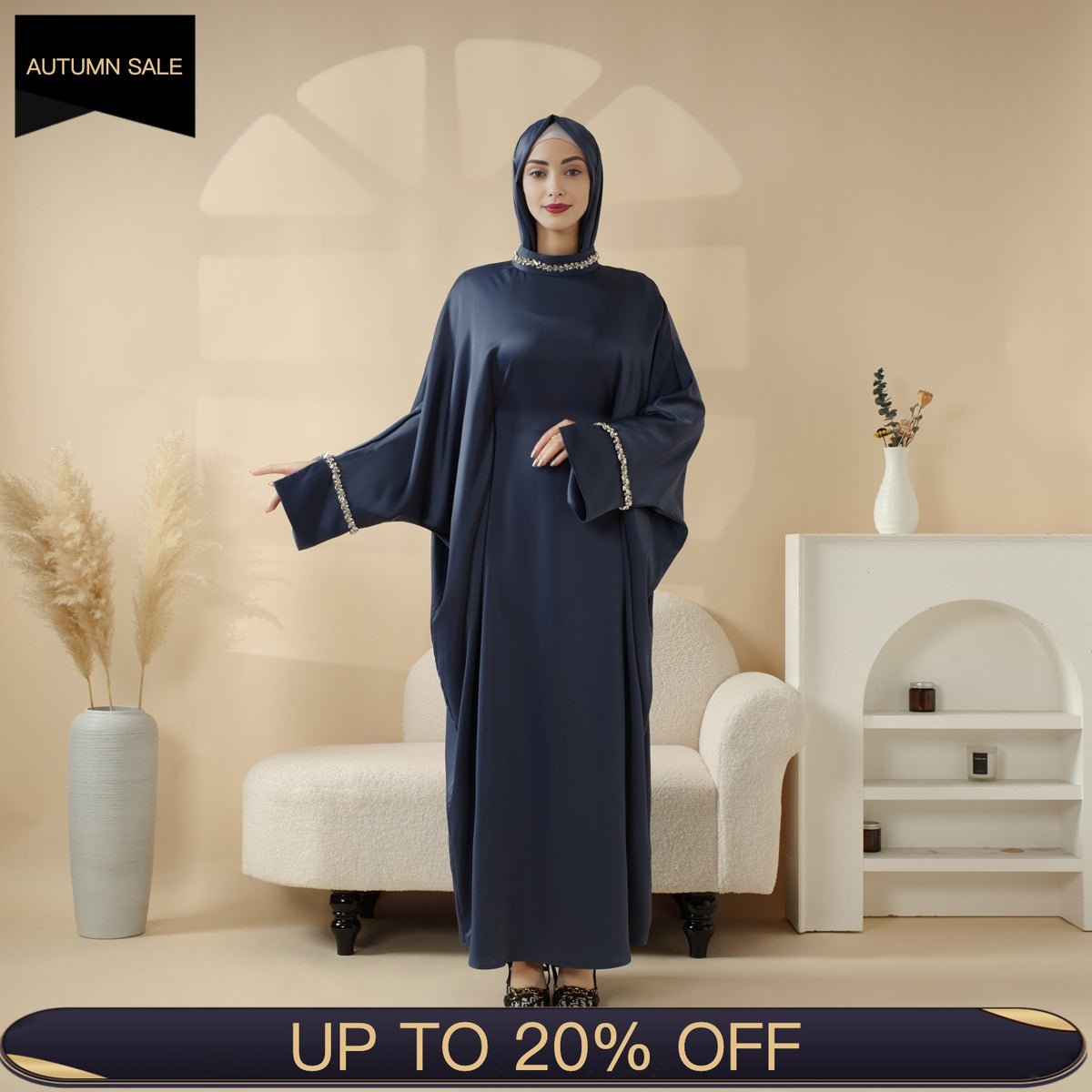 Kaftan Batwing Sleeve Luxury Satin Diamond Abaya 2 - Piece Set (MA121) - Mariam's Collection