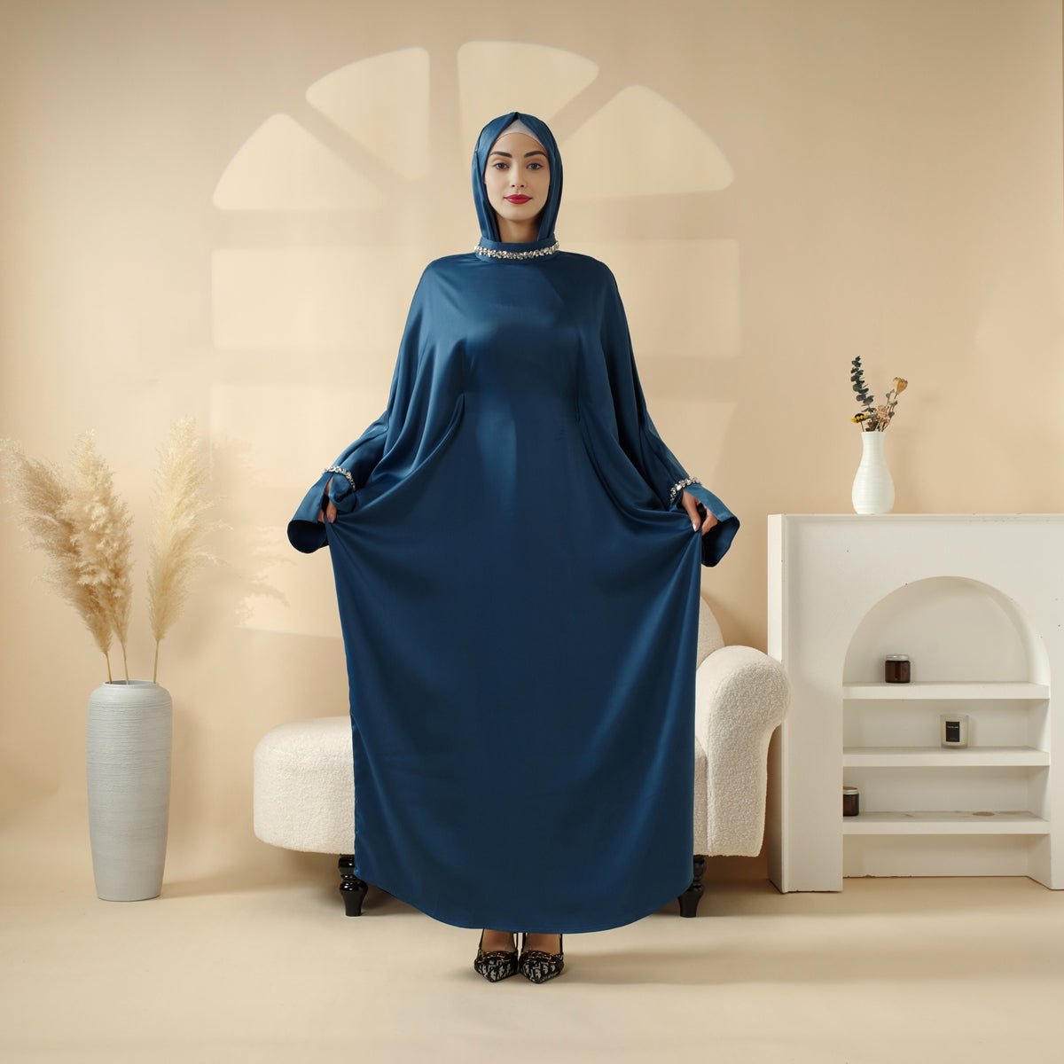 Kaftan Batwing Sleeve Luxury Satin Diamond Abaya 2 - Piece Set (MA121) - Mariam's Collection