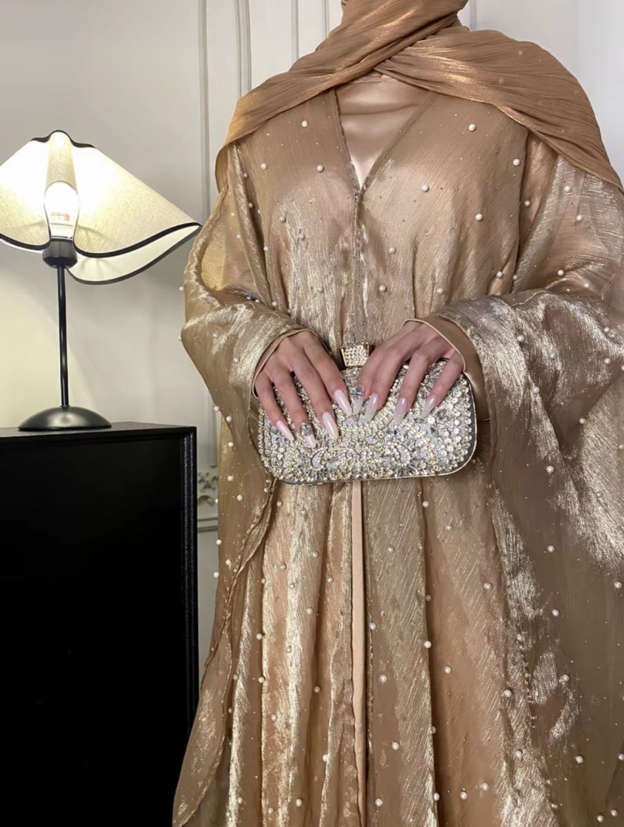 Kaftan Beaded Dazzling Shiny Open Abaya 2 - Piece Set (MOA111) - Mariam's Collection