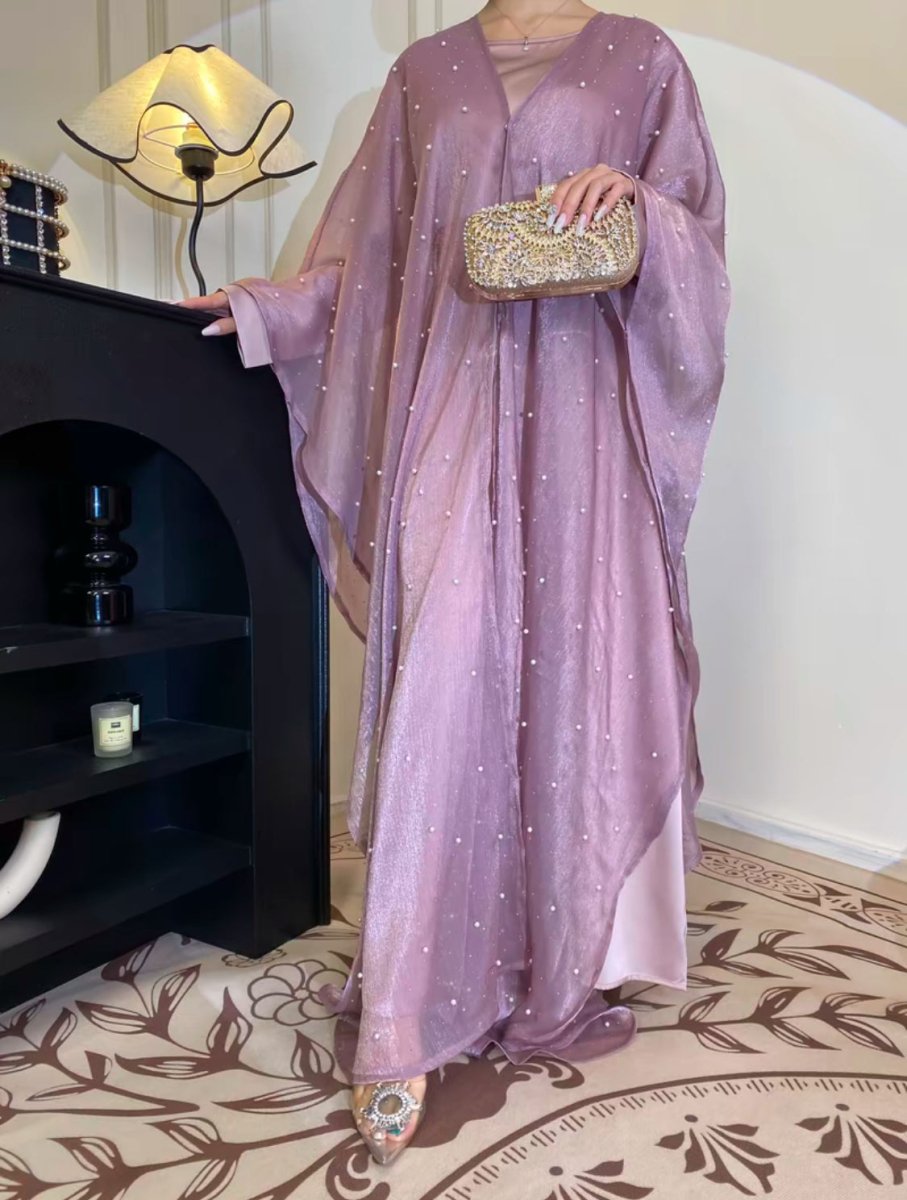 Kaftan Beaded Dazzling Shiny Open Abaya 2 - Piece Set (MOA111) - Mariam's Collection