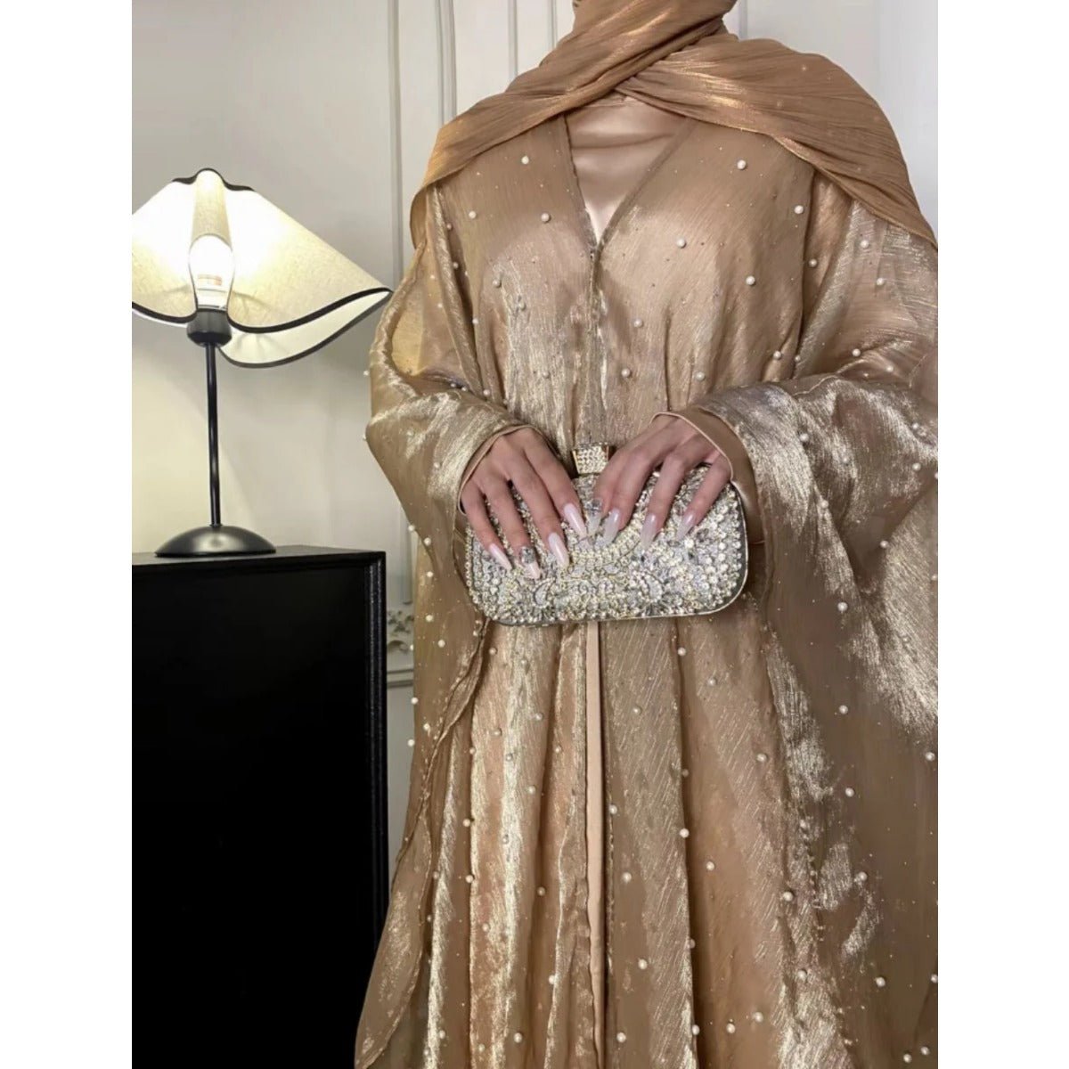 Kaftan Beaded Dazzling Shiny Open Abaya 2 - Piece Set (MOA111) - Mariam's Collection