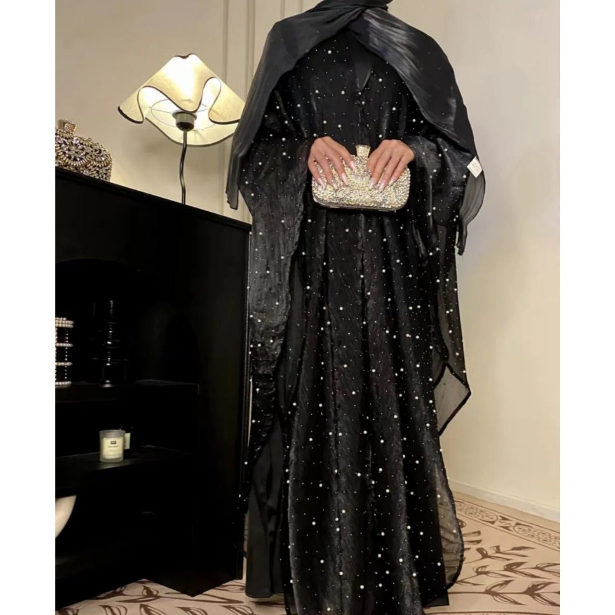 Kaftan Beaded Dazzling Shiny Open Abaya 2 - Piece Set (MOA111) - Mariam's Collection