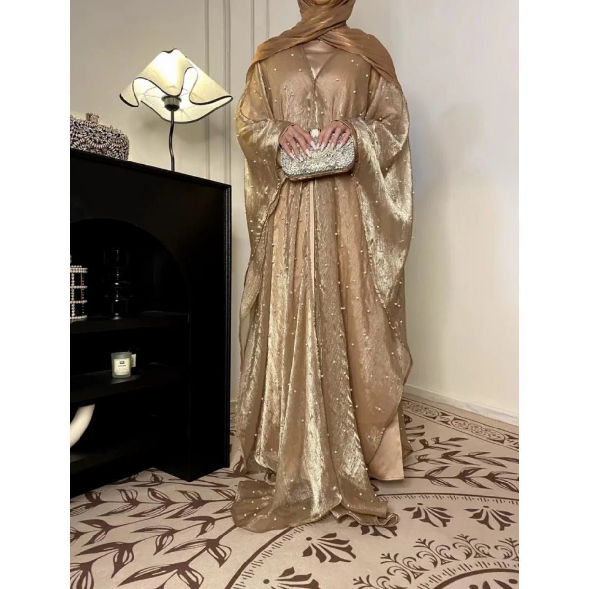 Kaftan Beaded Dazzling Shiny Open Abaya 2 - Piece Set (MOA111) - Mariam's Collection