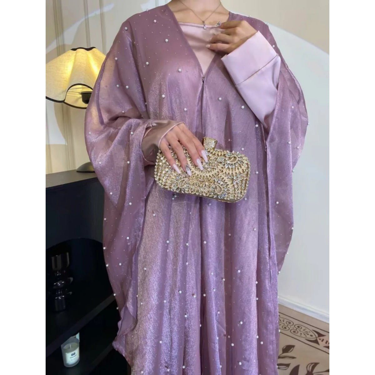 Kaftan Beaded Dazzling Shiny Open Abaya 2 - Piece Set (MOA111) - Mariam's Collection