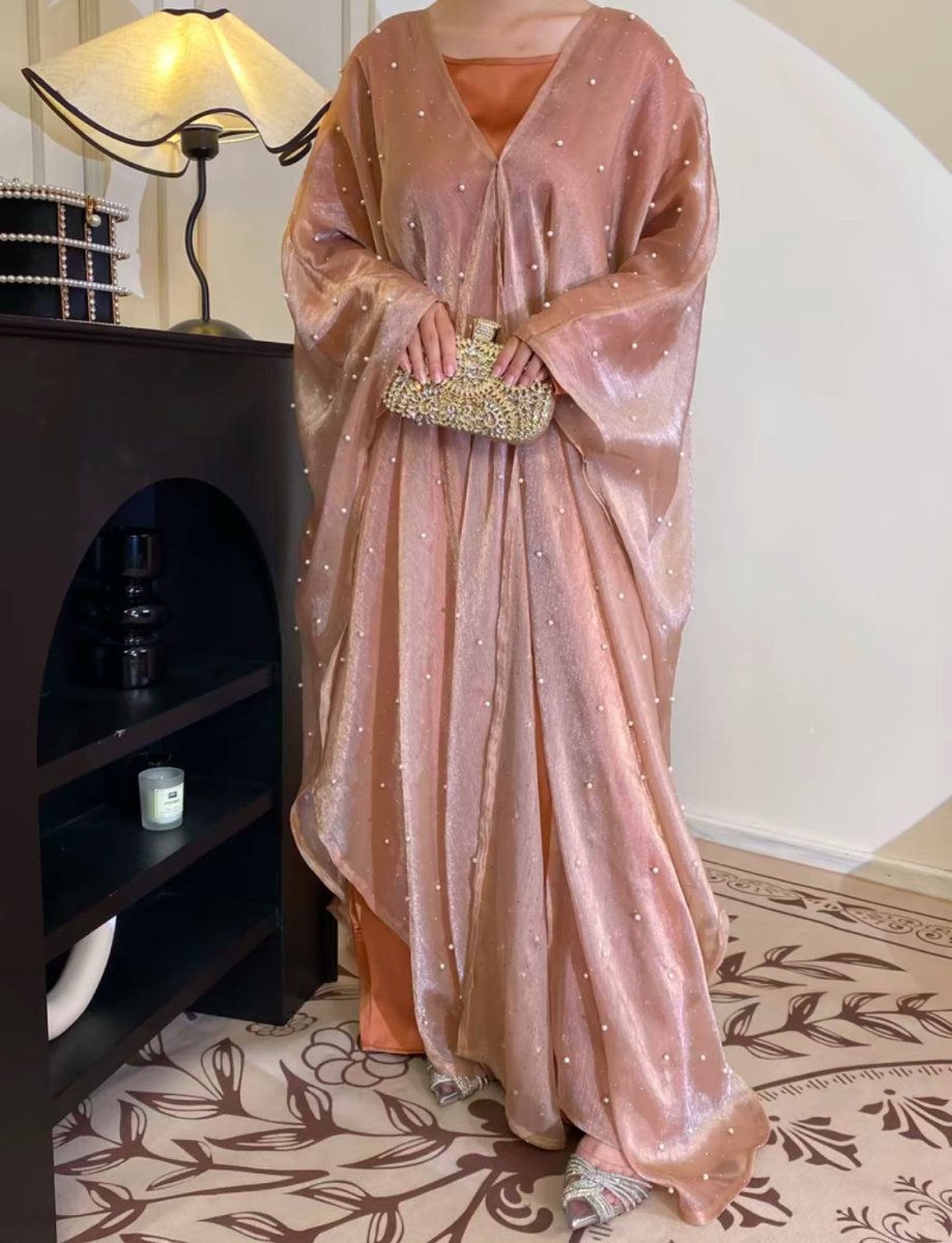 Kaftan Beaded Dazzling Shiny Open Abaya 2 - Piece Set (MOA111) - Mariam's Collection