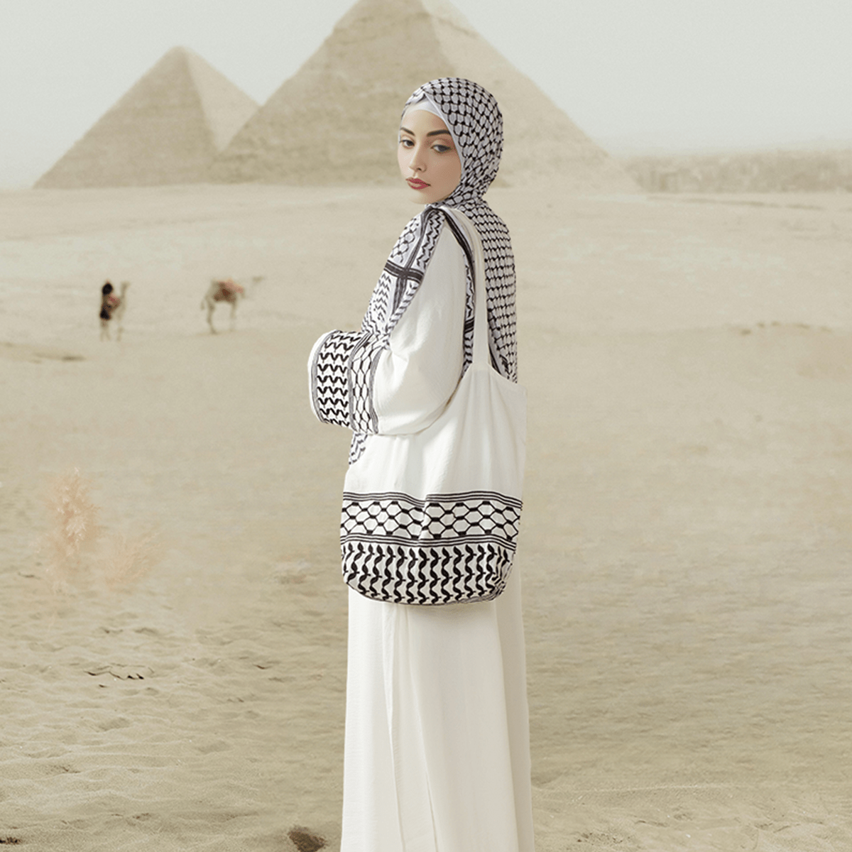 Keffiyeh Abaya Set – 4 - Piece Outfit with Inner dress Hijab & Bag - Mariam's Collection