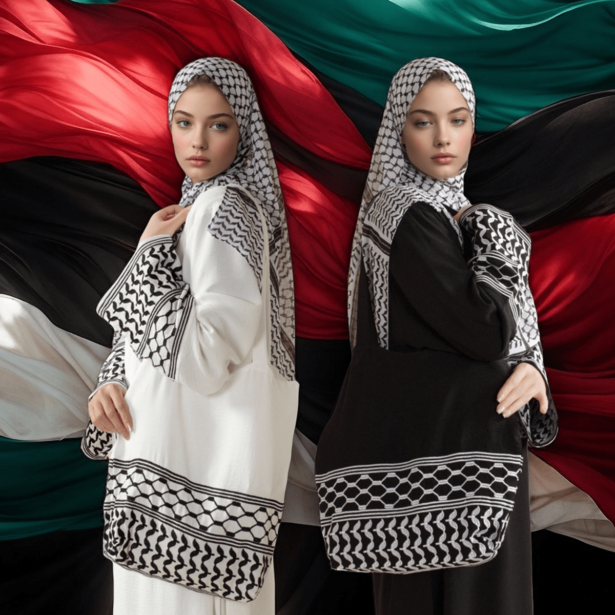 Keffiyeh Abaya Set – 4 - Piece Outfit with Inner dress Hijab & Bag - Mariam's Collection