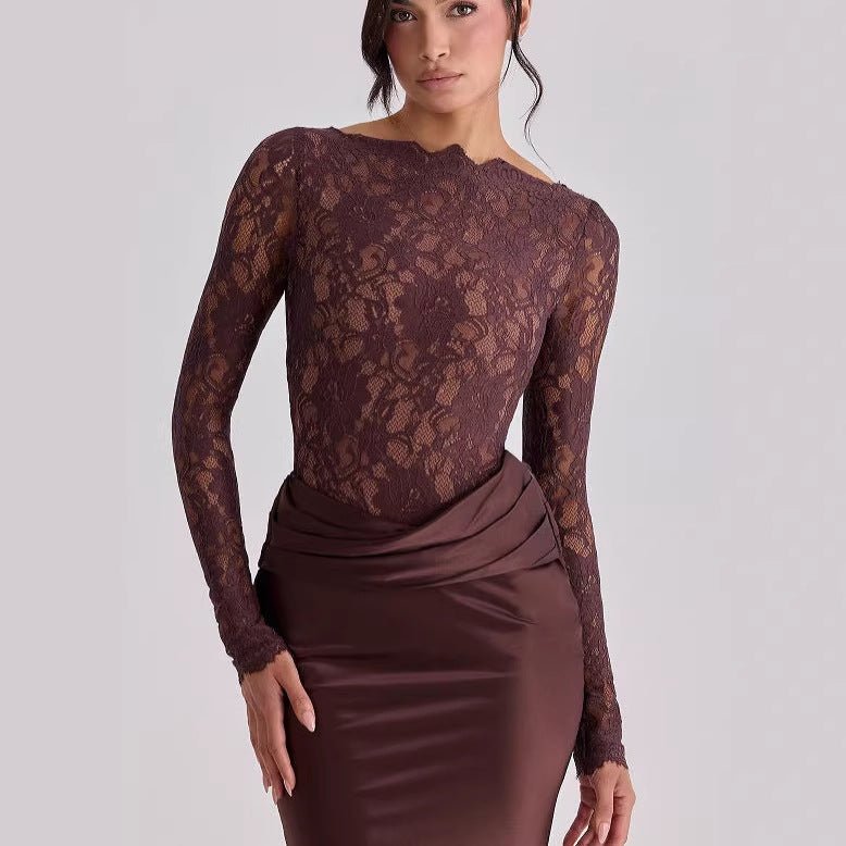 Lace Bodice Satin Ruched Mermaid Maxi Dress(MS415) - Mariam's Collection