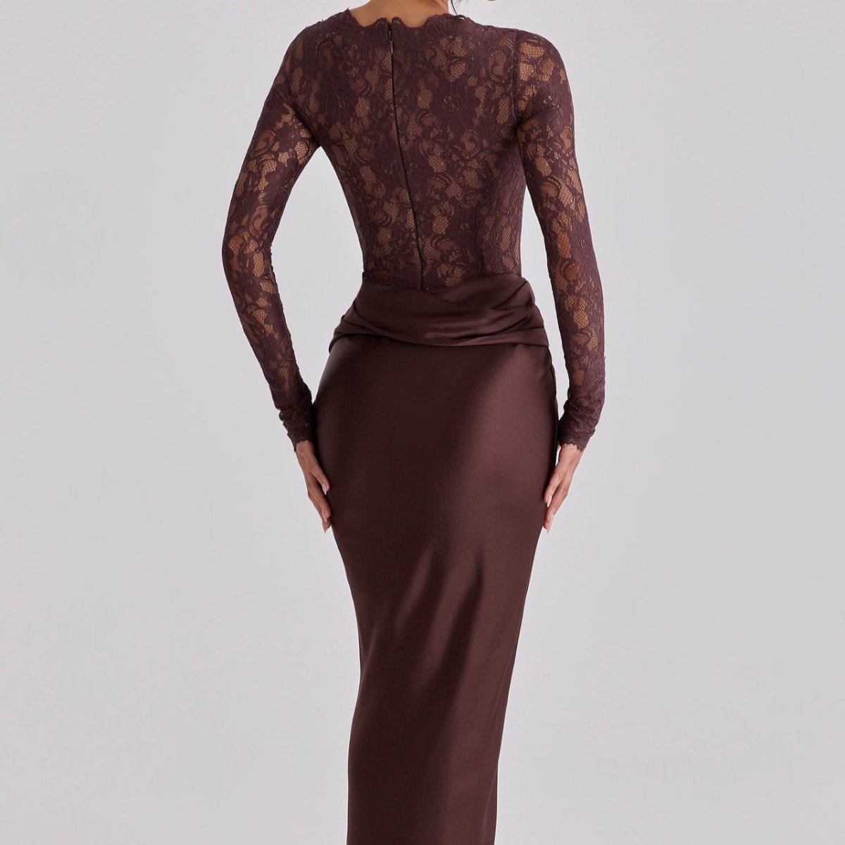 Lace Bodice Satin Ruched Mermaid Maxi Dress(MS415) - Mariam's Collection