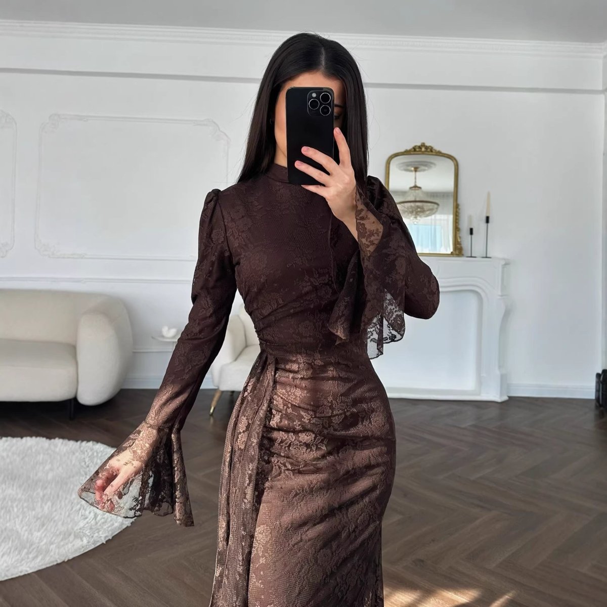 Lace Bodycon Evening Dress with Bell Sleeves(MS391) - Mariam's Collection