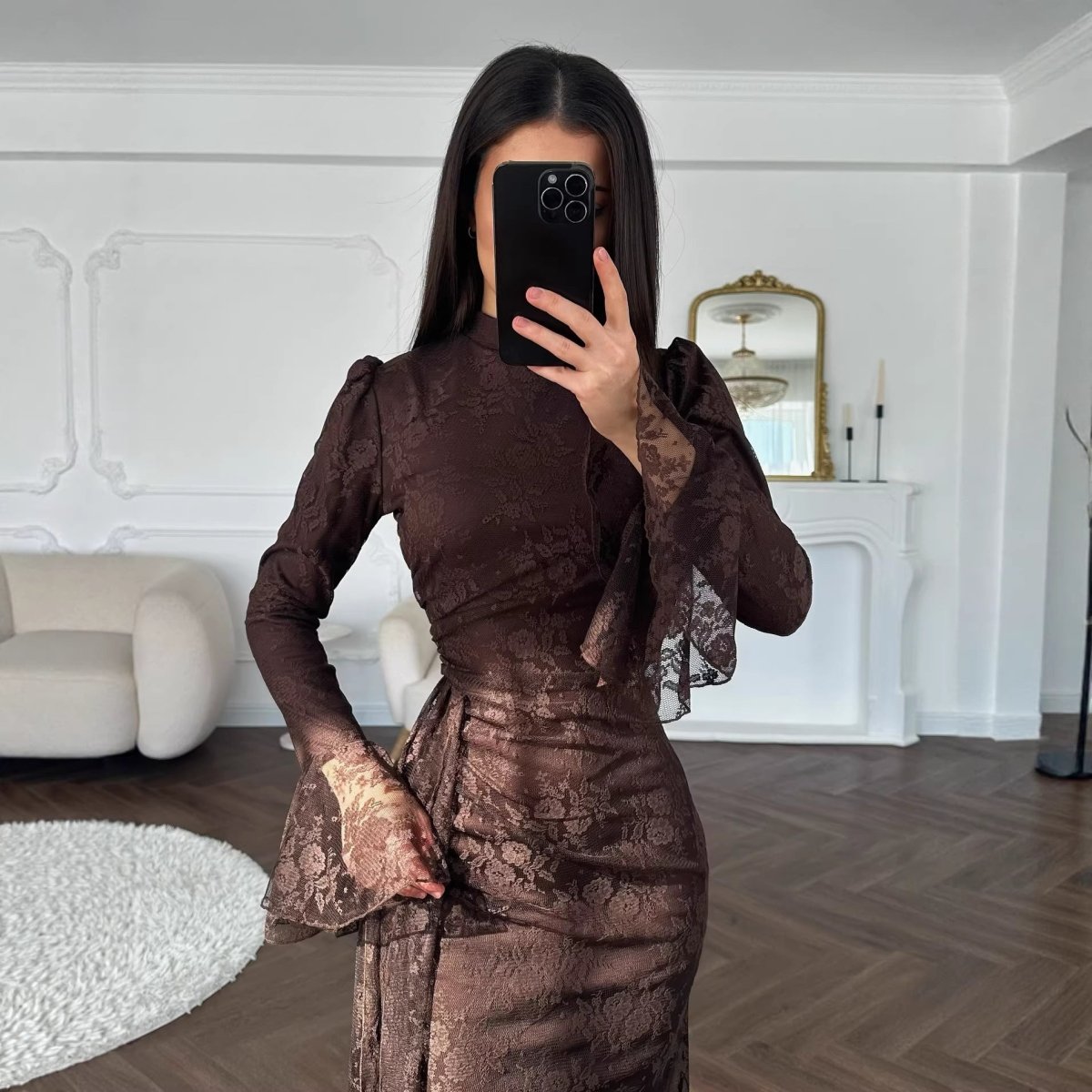 Lace Bodycon Evening Dress with Bell Sleeves(MS391) - Mariam's Collection