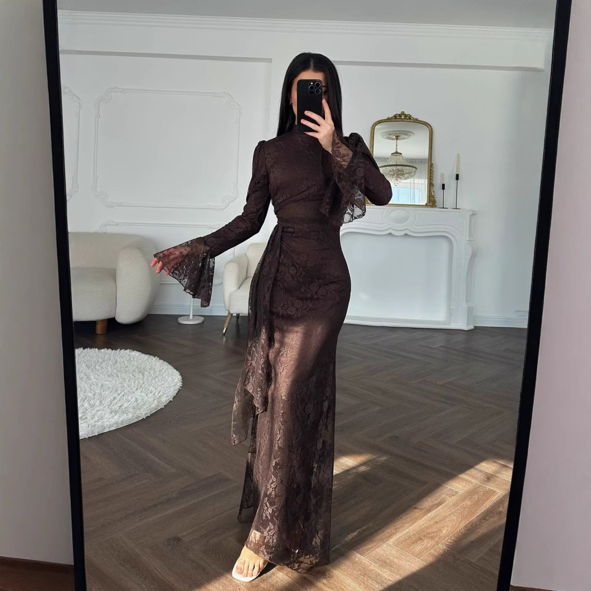 Lace Bodycon Evening Dress with Bell Sleeves(MS391) - Mariam's Collection