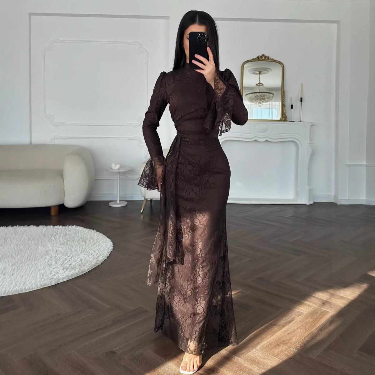 Lace Bodycon Evening Dress with Bell Sleeves(MS391) - Mariam's Collection